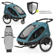 Fahrradanhänger Sparset Dryk Duo für 2 Kinder (bis 44 kg) - Bike Trailer & City Buggy - inkl. Babysitz Lounger & Schutzpaket - Petrol