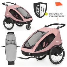Fahrradanhänger Sparset Dryk Duo für 2 Kinder (bis 44 kg) - Bike Trailer & City Buggy - inkl. Babysitz Lounger & Schutzpaket - Rose