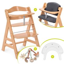 Alpha Plus natural high chair in economy set - incl. seat cushion + play tray base + play ring Play Catching with 3 fabric figures