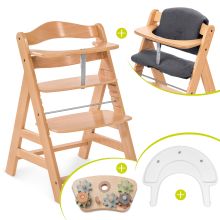 Hochstuhl Alpha Plus Natur im Sparset - inkl. Sitzkissen + Play Tray Basis + Spielzeug Play Repairing mit Zahnrädern & Muttern
