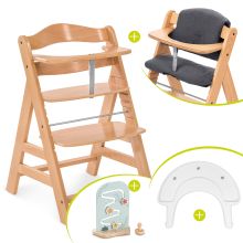 Alpha Plus natural high chair in economy set - incl. seat cushion + Play Tray base + Play Planting toy with Flowers motor activity board