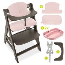 Highchair Alpha Plus Select Charcoal - in a savings set incl. seat cushion Muslin Mineral Rose + 2 silicone plates