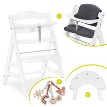Alpha Plus White high chair in economy set - incl. seat cushion + Play Tray base + Play Catching play ring with 3 fabric figures