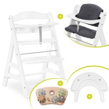 Seggiolone Alpha Plus bianco in set economico - incluso cuscino per seduta + base Play Tray + gioco di riparazione con ruote dentate e dadi