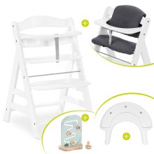 Alpha Plus White high chair in economy set - incl. seat cushion + Play Tray base + Play Planting toy with Flowers motor activity board