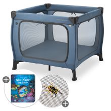 Set lettino da viaggio e box Sleep N Play SQ con materasso comfort + zanzariera + libro "Buona notte al mare" - Blu scuro