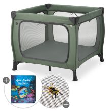 Reisebett & Laufgitter Sleep N Play SQ Set mit Komfort-Matratze + Insektenschutz + Buch "Gute Nacht im Meer" - Dark Green