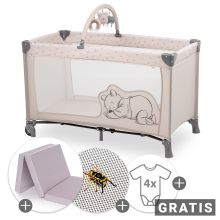 Travel cot set Dream`n Play Go incl. Alvi travel cot mattress & insect protection + FREE long-sleeved body 4-pack - Disney - Pooh Rainbow Beige