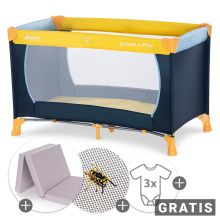 Travel cot set Dream'n Play incl. Alvi travel cot mattress & insect protection + FREE changing bodysuit 3-pack - Yellow Blue Navy