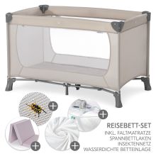 Reisebett XXL-Sparset - Dream`n Play inkl. Alvi Reisebett-Matratze + Wasserdichte Betteinlage + 2 Spannbettlaken + Insektenschutz - Beige