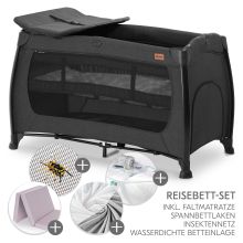 Travel cot XXL economy set - Play N Relax Center incl. Alvi travel cot mattress + waterproof bed insert + 2 fitted sheets + insect protection - Melange Black