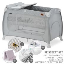 Reisebett XXL-Sparset - Play N Relax Center inkl. Alvi Reisebett-Matratze + Wasserdichte Betteinlage + 2 Spannbettlaken + Insektenschutz - Quilted Grey