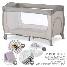 Reisebett XXL-Sparset - Sleep N Play Go Plus inkl. Alvi Reisebett-Matratze + Wasserdichte Betteinlage + 2 Spannbettlaken + Insektenschutz - Beige