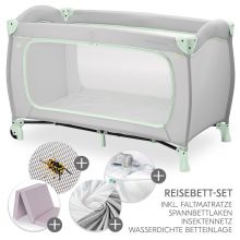 Reisebett XXL-Sparset - Sleep N Play Go Plus inkl. Alvi Reisebett-Matratze + Wasserdichte Betteinlage + 2 Spannbettlaken + Insektenschutz - Dusty Mint