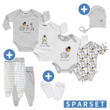 8-tlg. Body Set inkl. Strampelhosen, Erstlingsmütze & Kratzfäustlinge - Grau Weiß