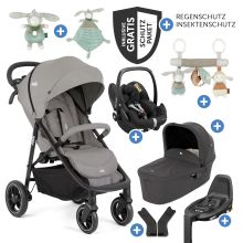 Set passeggino Litetrax 4in1 con capacità di carico fino a 22 kg con pneumatici, navicella Ramble, seggiolino auto Pebble Pro, base Isofix, trapezio attività, peluche, gioco da afferrare, adattatore e pacchetto accessori - Pebble