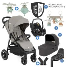 Set passeggino 4in1 Litetrax Pro Air fino a 22 kg di portata con pneumatici, navicella Ramble, seggiolino auto Pebble Pro, base Isofix, imbracatura per attività, peluche, gioco da afferrare, adattatore e pacchetto accessori - Pebble