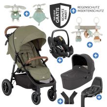 Set passeggino Litetrax Pro Air 4in1 con capacità di carico fino a 22 kg con pneumatici, navicella Ramble, seggiolino auto Pebble Pro, base Isofix, imbracatura per attività, peluche, gioco da afferrare, adattatore e pacchetto accessori - Rosemary