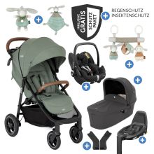 Set passeggino Litetrax Pro 4in1 con capacità di carico fino a 22 kg con pneumatici, navicella Ramble, seggiolino auto Pebble Pro, base Isofix, trapezio attività, peluche, gioco da afferrare, adattatore e pacchetto accessori - Laurel