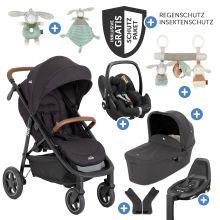 Set passeggino 4in1 Mytrax Pro fino a 22 kg di portata con pneumatici, navicella Ramble, seggiolino auto Pebble Pro, base Isofix, trapezio attività, peluche, gioco da afferrare, adattatore e pacchetto accessori - Shale