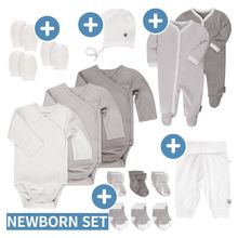 16-tlg. Erstlings-Set inkl. 3 Wickelbodys, Jogginghose, 2 Schlafanzüge, Erstlingsmütze, 3 Paar Kratzfäustlinge & 6 Paar Erstlingssöckchen - Natur Weiß