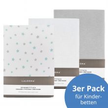 Spannbetttuch 3er Pack für Kinderbett 60 x 120 / 70 x 140 cm - Sterne Grau Mint / Weiß / Hellgrau