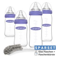 5-tlg. Starter-Set 4x Glas-Flasche Natural Wave inkl. Silikon-Sauger Gr. S & M + Flaschenbürste 2in1