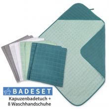 9-tlg. Bade-Set Mull Kapuzenbadetuch + 8 Waschhandschuhe - Patina / Mint