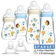 6-tlg. Glas-Flaschen-Set - 4 Babyflaschen Feel Good + 2 Ersatzsauger - Blau Beige