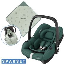 Babyschale CabrioFix i-Size ab Geburt - 12 Monate (40-75 cm) & Sitzverkleinerer, Sonnenverdeck inkl. Einschlagedecke Pusteblume - Essential Green