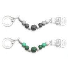 Schnullerkette mit Silikon-Perlen & Gummiring inkl. Clip - 2er Set - Grau Grün