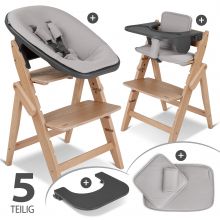 Yippy Newborn Set (5-tlg.) Hochstuhl + Neugeborenen Aufsatz + Sitzkissen + Starter-Set + Tisch & Essbrett - Oak