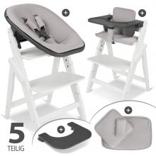 Yippy Newborn Set (5-tlg.) Hochstuhl + Neugeborenen Aufsatz + Sitzkissen + Starter-Set + Tisch & Essbrett - Snow