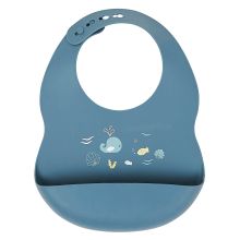 Silicone bib with drip tray - Whale - Blue