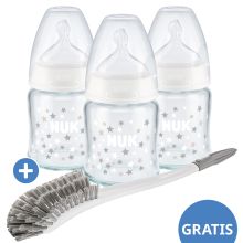 Glas-Flasche 3er Pack First Choice Plus 120 ml + Silikon-Sauger Gr. 1 M - Temperature Control + GRATIS Flaschenbürste - Sterne