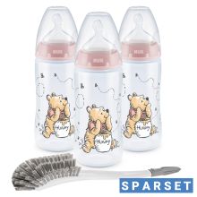 PP-Flasche 3er Pack First Choice Plus 300 ml + Silikon-Sauger Gr. 1 M - Temperature Control + Flaschenbürste - Disney Winnie Pooh - Rosa