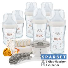 Premium Glas-Flaschen-Set Perfect Match 11-tlg. - 6 Babyflaschen + Flaschenbürste + Milchpulverportionierer + 3 Spucktücher - Regenbogen - Weiß