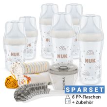 Premium PP-Flaschen-Set Perfect Match 11-tlg. - 6 Babyflaschen + Flaschenbürste + Milchpulverportionierer + 3 Spucktücher - Regenbogen - Weiß