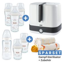 Premium Starter-Set 11-tlg. - Dampfsterilisator Vario Express + 6 Glas-Flaschen Perfect Match + 3 Spucktücher - Regenbogen - Weiß
