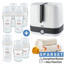 Premium Starter-Set 11-tlg. - Dampfsterilisator Vario Express + 6 Glas-Flaschen Perfect Match + 3 Spucktücher - Regenbogen - Weiß