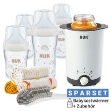 Premium Starter-Set 9-tlg. - Babykostwärmer + 4 Glas-Flaschen Perfect Match + 1 Flaschenbürste + 3 Spucktücher - Regenbogen - Weiß
