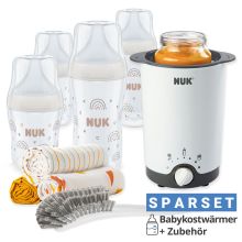 Premium Starter-Set 9-tlg. - Babykostwärmer + 4 PP-Flaschen Perfect Match + 1 Flaschenbürste + 3 Spucktücher - Regenbogen - Weiß