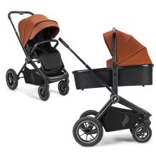 Vamos combi stroller with a load capacity of up to 22 kg with pneumatic tires, telescopic push bar, convertible seat unit, carrycot with mattress, insect screen & rain cover - Caramel