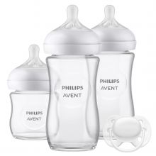 4-tlg. Starter-Set für Neugeborene - 3 Glas-Flaschen Natural Response mit Silikon-Saugern + Schnuller Ultra Soft 0-6M