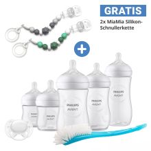 7-tlg. Neugeborenen-Starter-Set Natural Response + GRATIS 2x Schnullerkette / 5 PP-Flaschen mit Silikon-Sauger + Schnuller Ultra Soft 0-6M + Flaschenbürste