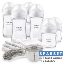 Premium Glas-Flaschen-Set Natural 11-tlg. - 6x Babyflaschen + Flaschenbürste + Milchpulverportionierer + 3x Spucktücher