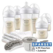 Premium PP-Flaschen-Set Natural 11-tlg. - 6x Babyflaschen + Flaschenbürste + Milchpulverportionierer + 3x Spucktücher