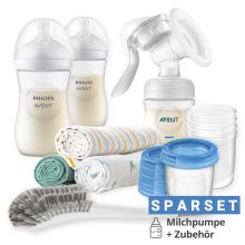 Premium Still-Set Basic 12-tlg. - Handmilchpumpe + 2 Babyflaschen + 5 Mehrwegbecher + 1 Flaschenbürste + 3 Spucktücher Mint