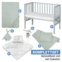 8-piece complete co-sleeper set with canvas barrier, mattress 90 x 45 cm, fitted sheet, quilt, bed linen, cuddle cloth & music box 47 x 99.5 cm - Taupe