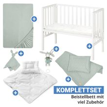 8-piece complete co-sleeper set with canvas barrier, mattress 90 x 45 cm, fitted sheet, quilt, bed linen, cuddle cloth & music box 47 x 99.5 cm - White